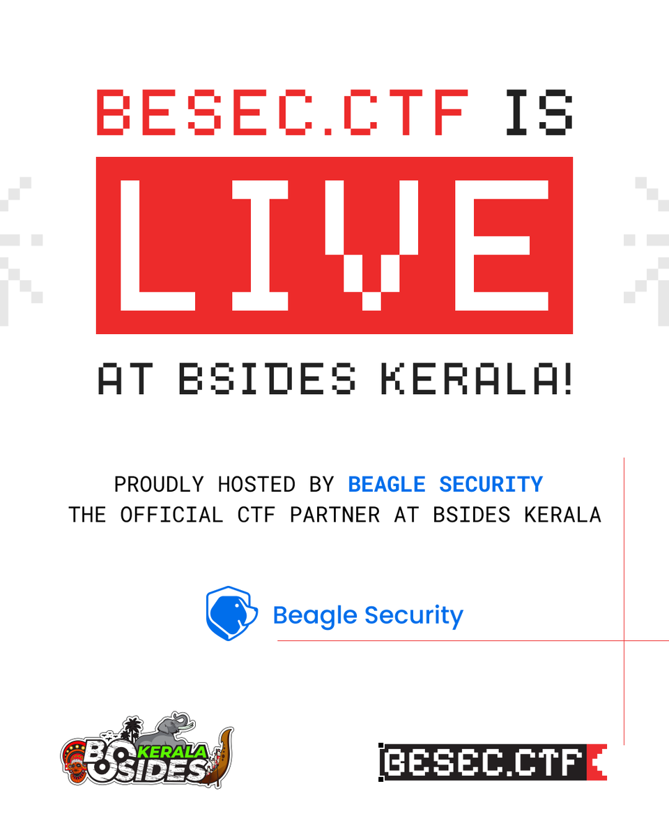 The ultimate cybersecurity showdown has begun! 

Teams are battling it out in a 24-hour Capture The Flag challenge, solving complex security challenges to claim the top spot. 

Proudly brought to you by Beagle Security – the Official CTF Partner <a href="/BSidesKerala/">BSidesKerala</a> !