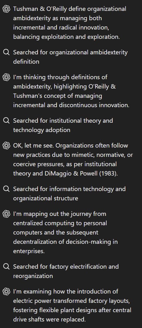 Fun to watch Deep Research basically go through the same learning journey I did in my first year PhD classes on organizational theory in order to answer a question, though this was in a few seconds, rather than a semester (and I hope I grappled with this more deeply myself?)
