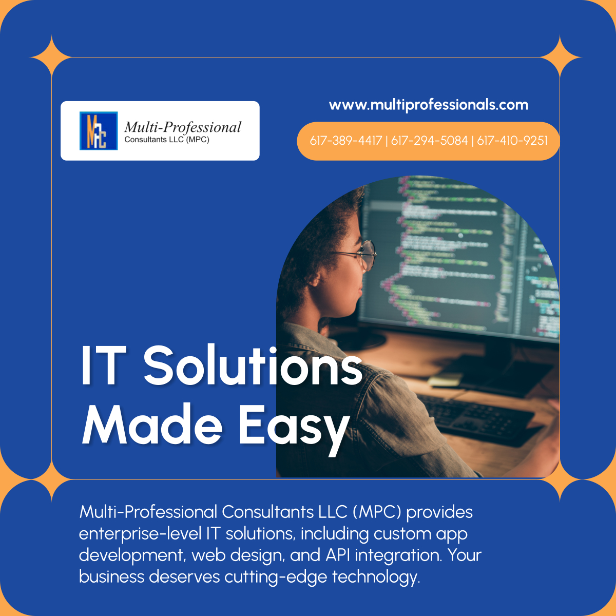 multiproconsllc's tweet photo. Boost your business with Multi-Professional Consultants LLC (MPC)'s IT solutions. From app development to API integration, we’ve got you covered! 

#EverettMA #Consultancy #ITSolutions https://t.co/RUb17EG95R