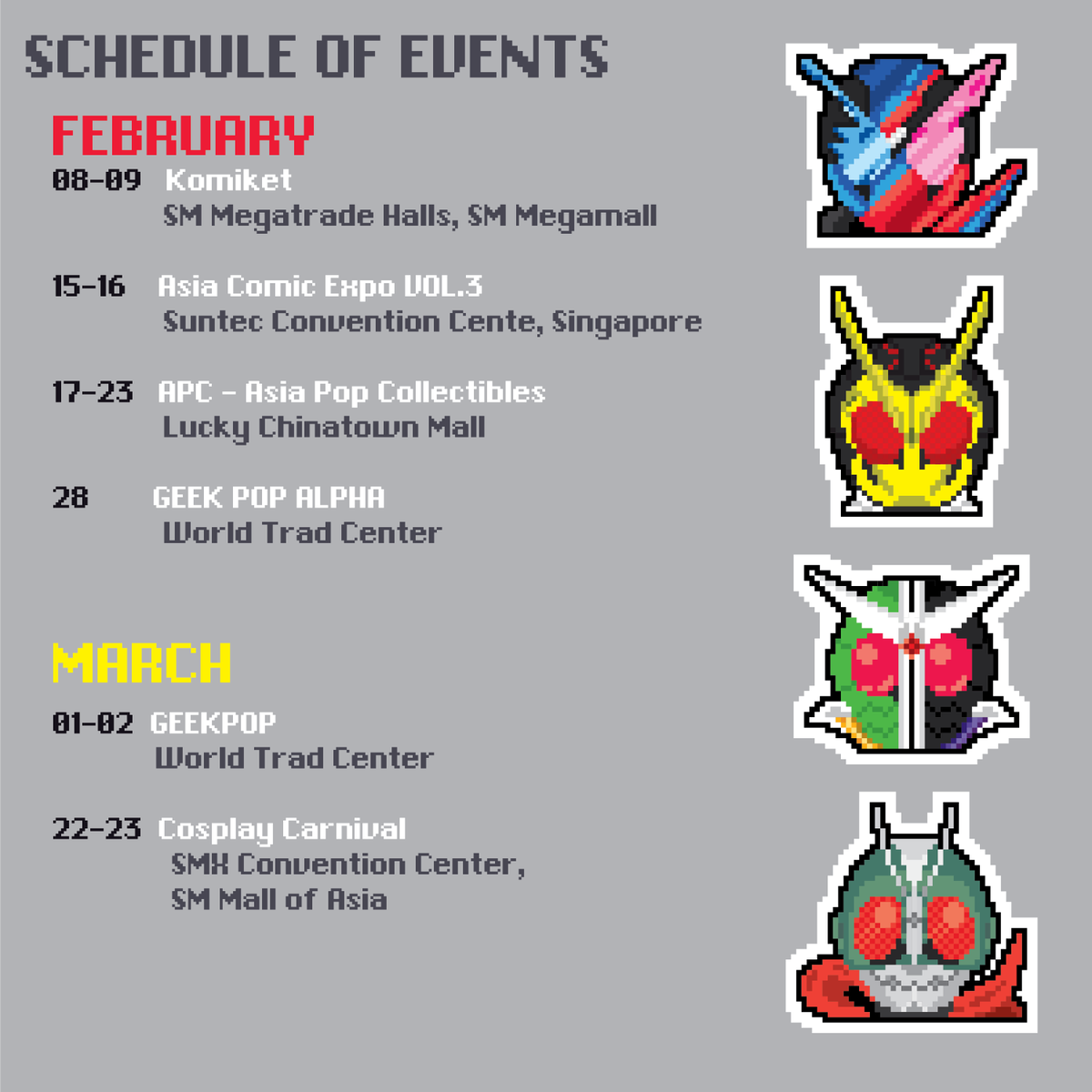 Schedule of Events for February and March

very tight schedule for the month and will keep things up to date as much as possible :)