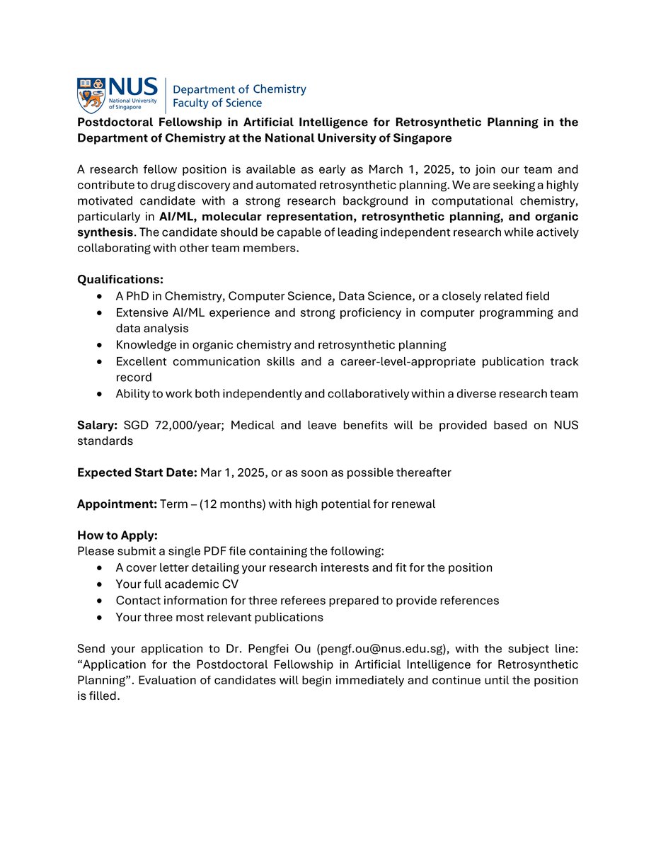 We are hiring! We are seeking a highly motivated candidate with a strong research background in computational chemistry, particularly in AI/ML, molecular representation, retrosynthetic planning, and organic synthesis.