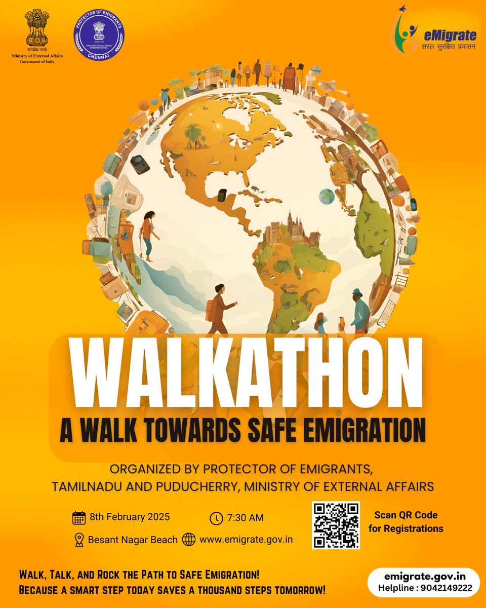 Protector of Emigrants, Chennai (@poechennai) on Twitter photo Step forward for a safer future!
Join us for the Safe Emigration Walk, Chennai 2025.
📅 Date: 8 Feb 2025
📍 Venue: Besant Nagar, Chennai
🕘 Time: 7:30 AM
Let’s walk together for a cause that matters! #PaathuPonga
<a href="/SureshChandraa/">Suresh Chandra</a> <a href="/DoneChannel1/">Done Channel</a> Step forward for a safer future!
Join us for the Safe Emigration Walk, Chennai 2025.
📅 Date: 8 Feb 2025
📍 Venue: Besant Nagar, Chennai
🕘 Time: 7:30 AM
Let’s walk together for a cause that matters! #PaathuPonga
<a href="/SureshChandraa/">Suresh Chandra</a> <a href="/DoneChannel1/">Done Channel</a>