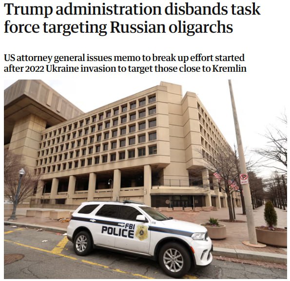 nexta_tv's tweet photo. The Trump administration has disbanded a group to fight Russian oligarchs - Reuters

The U.S. Justice Department has stopped working to enforce sanctions and prosecute Kremlin-linked businessmen, the publication reported.