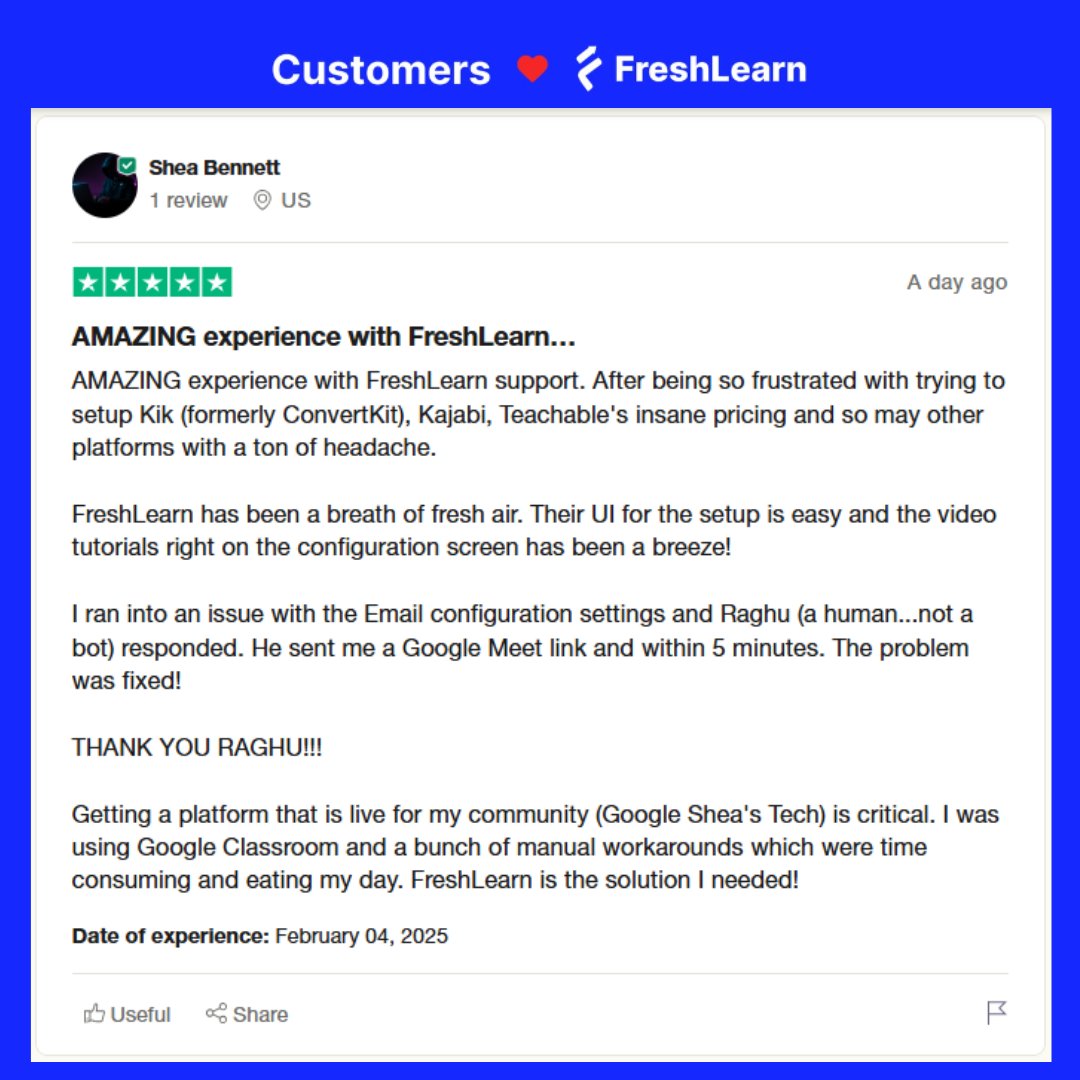 FreshLearnHQ's tweet image. 🚀 FreshLearn = Game Changer! 🚀

Shea Bennett ditched ConvertKit, Kajabi &amp;amp; Teachable’s pricing headaches for FreshLearn’s easy setup &amp;amp; live human support.

No more workarounds—just seamless course creation! 🎉

#FreshLearn #CourseCreation #OnlineBusiness