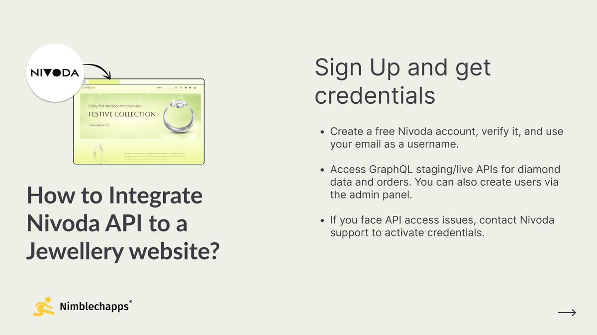 Nimblechapps's tweet image. 💎 Integrate Nivoda API to Your Jewellery Website in 6 Easy Steps!

Learn to seamlessly integrate and access detailed diamond listings and order creation.
👇 Get Started: 

🔍 Full Scoop👉 buff.ly/3CBJnqs 

#NivodaAPI #APIIntegration #Nimblechapps #WebDevelopment