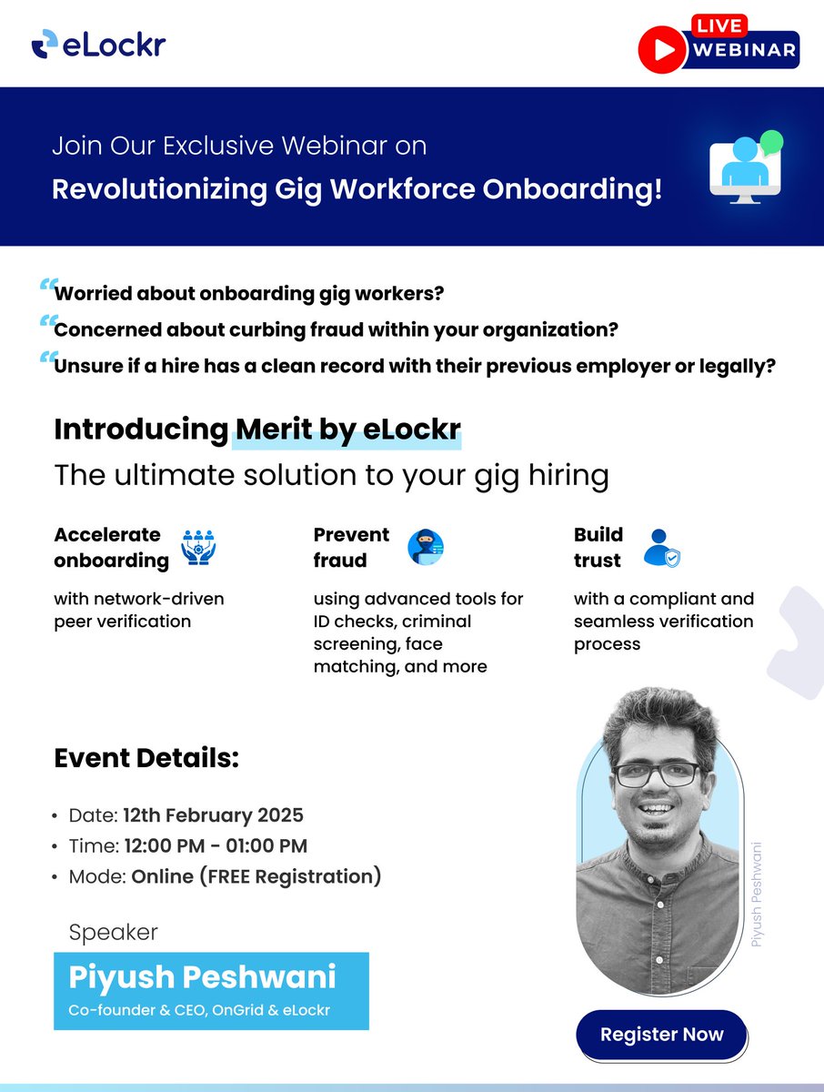 e_lockr's tweet photo. Join Piyush Peshwani, Co-founder &amp; CEO at eLockr, for an exclusive webinar on “Revolutionizing Gig Workforce Onboarding: How Merit by eLockr Enhances Safety and Reliability"

Register now by filling out the Google Form: https://t.co/eERjVIzRl9

#MeritByELockr https://t.co/e0EdLUn8Kx