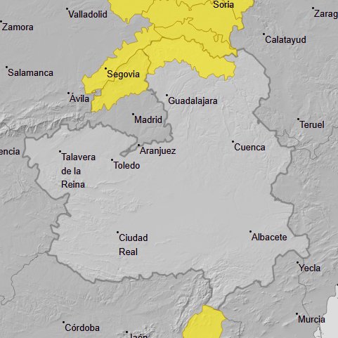 #BuenosDias. Seguimos con los avisos de AEMET. A partir de las 9:00 se activa el nivel amarillo 🟡 por nevadas ❄️ en la comarca de la Serranía de #Guadalajara. Mucha precaución. #112clm