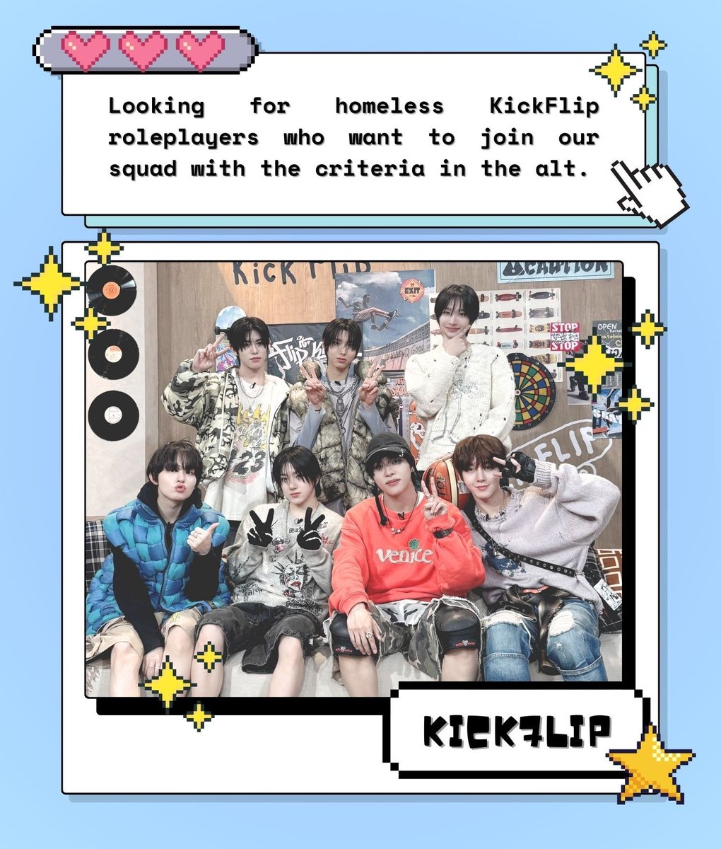A repost would be appreciated!

𝐊𝐢𝐜𝐤 𝐢𝐭, 𝐅𝐥𝐢𝐩 𝐢𝐭! We, 𝐊͟𝐈͟𝐂͟𝐊͟𝟕͟𝐋͟𝐈͟𝐏, are looking for our members and another SQ/OA to befriend! Make sure to check the ALT for the rules. If you fit our criteria, kindly introduce yourself in the reply section! 🛹💥