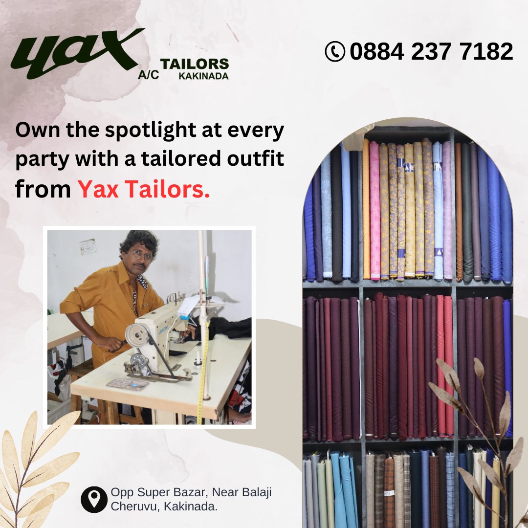 Yaxtailors01's tweet image. Elevate your style with Yax Tailors' exclusive collection of custom-made clothing. 
.
Call Us at: 📞0884 237 7182
Location: 📍Opp Super Bazar, Near Balaji Cheruvu, Kakinada
.
#alterationservice #clothingalterations #suitalteration #customsuits #tailoringservices