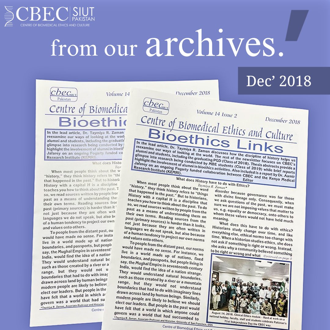 Centre of Biomedical Ethics and Culture, SIUT (@cbec_siut) on Twitter photo CBEC Bioethics Links - From our archives:
"What does #History have to do with #ethics" by Dr. Taymiya R. Zaman, Professor of History, University of San Francisco, USA.
Read More: siut.org/bioethics/what… CBEC Bioethics Links - From our archives:
"What does #History have to do with #ethics" by Dr. Taymiya R. Zaman, Professor of History, University of San Francisco, USA.
Read More: siut.org/bioethics/what…