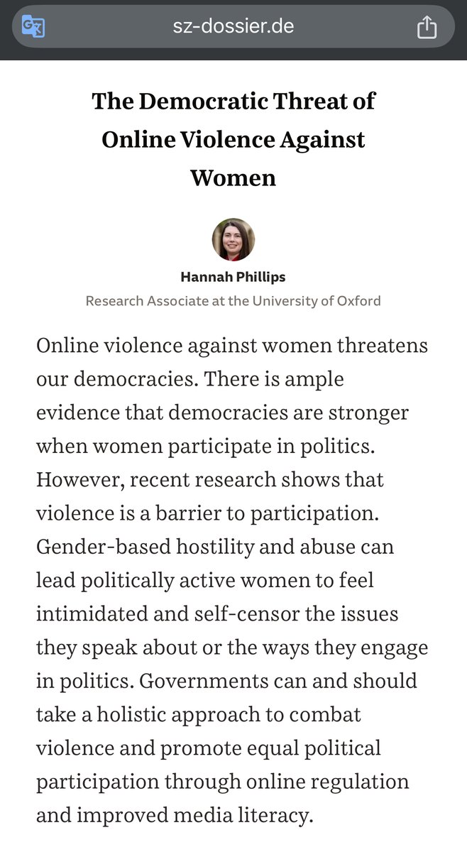 Hannah Phillips (@hannahrphill) on Twitter photo Good to write for Dossier Digitalwende <a href="/SZ/">Süddeutsche Zeitung</a> about how to address the democratic threat posed by online violence against women. I reference the work we are doing <a href="/BlavatnikSchool/">Blavatnik School of Government</a> and <a href="/JoCoxFoundation/">The Jo Cox Foundation</a> and the recent report <a href="/HateAid/">HateAid</a> sz-dossier.de/newsletters/di… Good to write for Dossier Digitalwende <a href="/SZ/">Süddeutsche Zeitung</a> about how to address the democratic threat posed by online violence against women. I reference the work we are doing <a href="/BlavatnikSchool/">Blavatnik School of Government</a> and <a href="/JoCoxFoundation/">The Jo Cox Foundation</a> and the recent report <a href="/HateAid/">HateAid</a> sz-dossier.de/newsletters/di…
