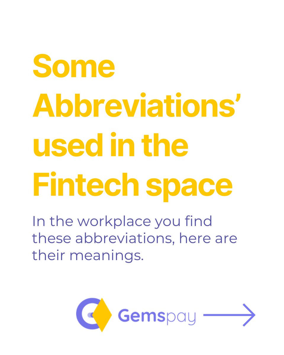 gemspaysolution's tweet image. Fintech is full of abbreviations, and if you work in the space, you’ve probably seen them everywhere.
Let’s break down some common fintech abbreviations and their meanings, so you’re always in the know. 

#fintech101 #gemspay #corporatelingo