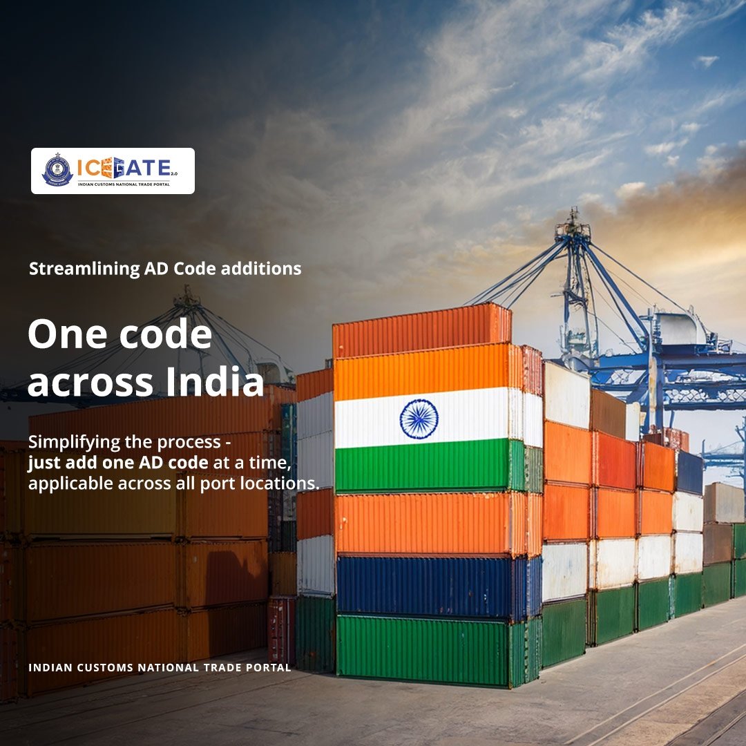 ICEGATE_CBIC's tweet image. One AD Code, Nationwide Access! 🚀
No more multiple codes—just add one AD Code, valid across all ports in India. Simplify your process today!
#ADCode #EaseOfDoingBusiness #TradeSimplified #Customs #Logistics #ImportExport #ICEGATE