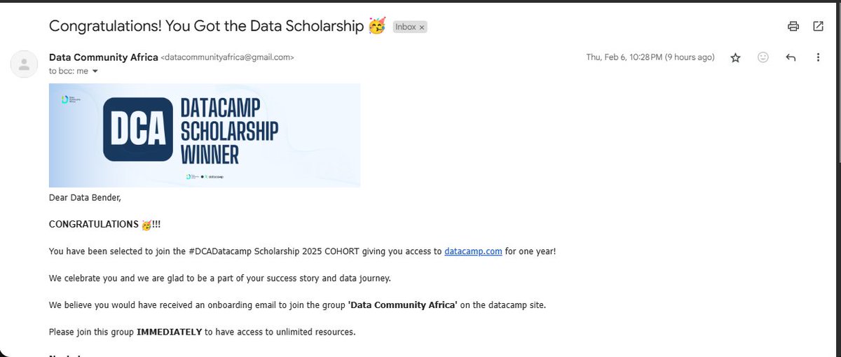 Algebra (@olalererobiu101) on Twitter photo I am thrilled to announce that I have been awarded the #DCADatacamp scholarship! This incredible opportunity will allow me to enhance my data skills and pave the way for a successful career in the field. A heartfelt thank you <a href="/Datafestafrica/">Data Community Africa</a> <a href="/Datacampdonates/">DataCamp Donates</a>,<a href="/DataCamp/">DataCamp</a> #DCDonates I am thrilled to announce that I have been awarded the #DCADatacamp scholarship! This incredible opportunity will allow me to enhance my data skills and pave the way for a successful career in the field. A heartfelt thank you <a href="/Datafestafrica/">Data Community Africa</a> <a href="/Datacampdonates/">DataCamp Donates</a>,<a href="/DataCamp/">DataCamp</a> #DCDonates