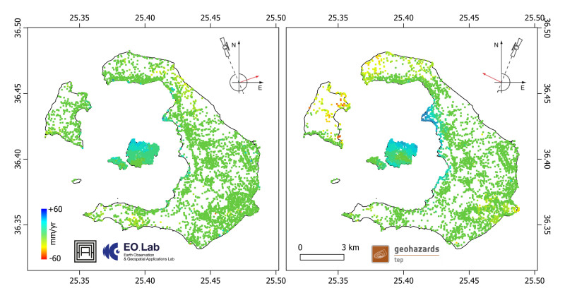 IGeociencias's tweet photo. A partir de datos del satélite Sentinel-1 y estaciones GNSS se ha detectado deformaciones (hasta 60mm) en la isla de Santorini tras más de 7.000 eventos sísmicos sufridos esta última semana https://t.co/aeAnd3Fsrf