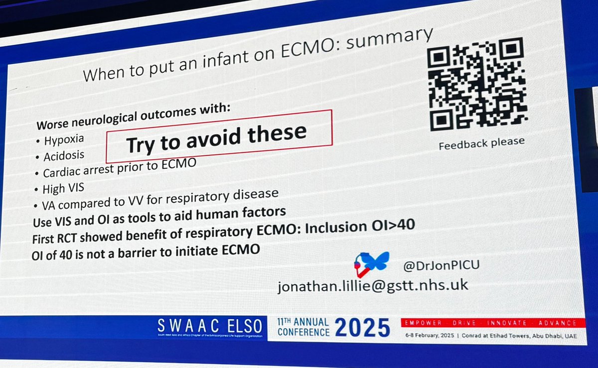 Pediatric Track: Dr. Jon Lillie greatly presented When to put a infant on ECMO? 
Recommended to put VA-ECMO pre arrest, before PH&lt;7.2, and if VIS&gt;20. 
VV-ECMO: early is better; OI&gt;40 maybe too much !!