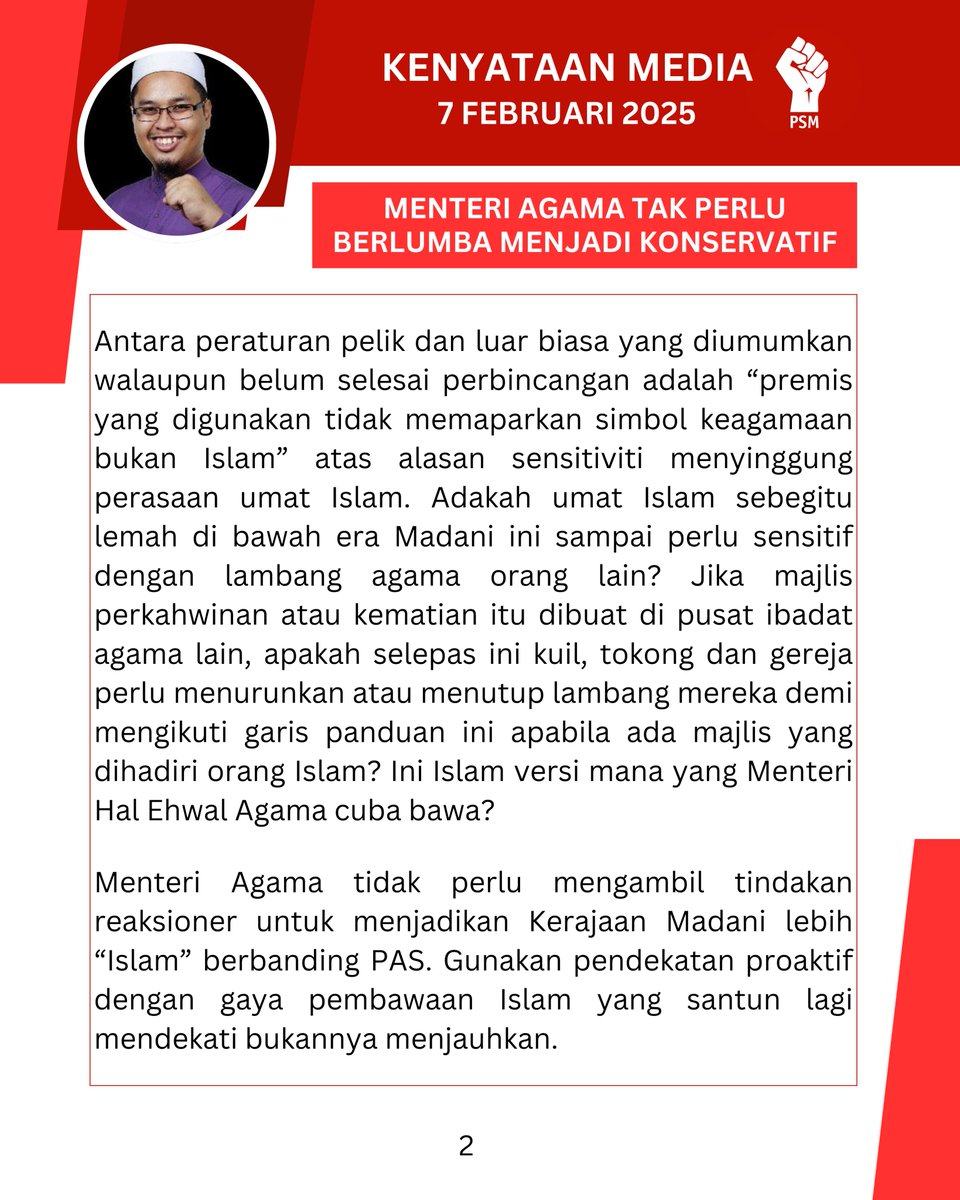 partisosialis's tweet photo. Kenyataan Media PSM ｜7 Feb 2025 dari Nik Aziz Afiq @NikAzizAfiq 

｜Menteri Agama Tak Perlu Berlumba Menjadi Konservatif｜ https://t.co/TCtq0dpLdV