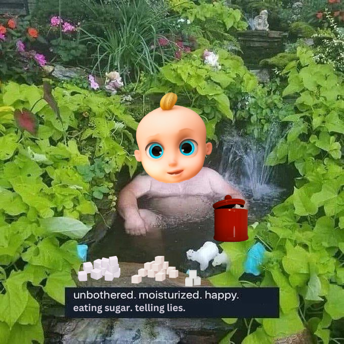 johny_cto's tweet photo. Markets in chaos? $Johny doesn't care. 

Unbothered. Moisturized. Dipping in sugar.
Lies told to Papa? Maybe. Sugar stash? Full. 🍬

🫵👶 https://t.co/ijGpdPV6W9
