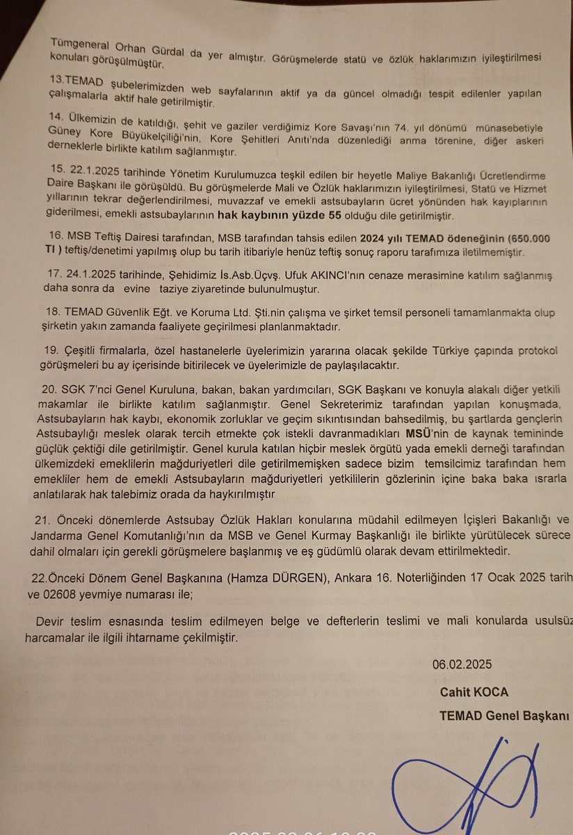 Türkiye Emekli Astsubaylar Derneği Genel Başkanlığı Ocak ayı değerlendirme raporu yayınlamıştır