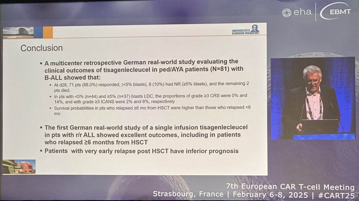 Tremendous sucess for #CART in paediatric ALL. Early relapse post allo still comprises an area of unmet need. #CART2025 #theEBMT #EHA_HEMATOLOGY #CART_is_the_future