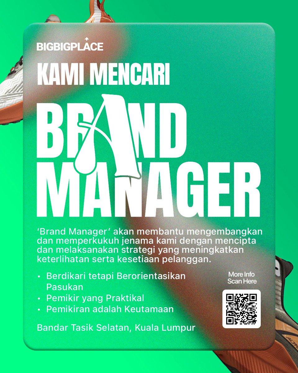 BigBigPlace's tweet photo. 📢 JAWATAN KOSONG – SERTAI PASUKAN KAMI!

Kami sedang mencari individu yang berkemahiran untuk menyertai pasukan kami bagi jawatan berikut:

✅ Brand Manager 
✅ Retail Manager 
✅ Retail Associate 

Scan QR di atas untuk maklumat lanjut! https://t.co/E5JzUlD5vN