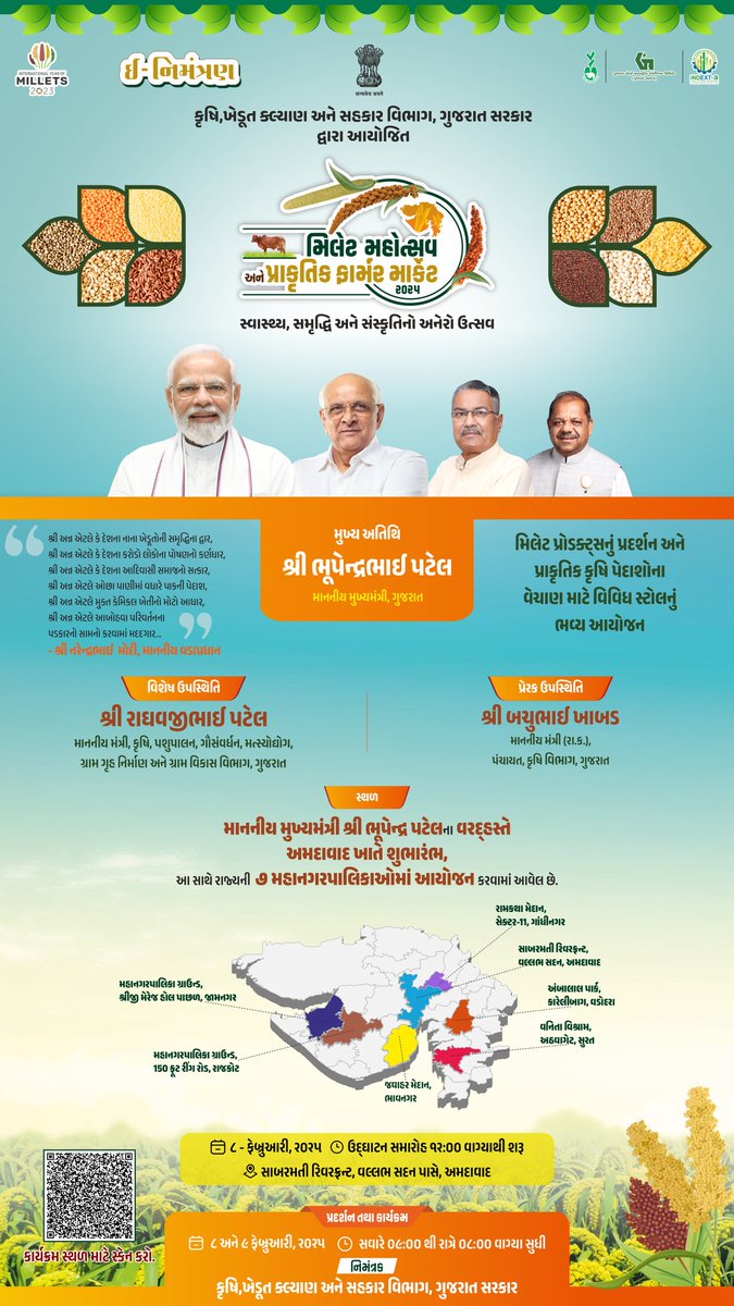 Join us at Millet &amp; Natural Farm Product Mahotsav on Feb 8-9 at Sabarmati Riverfront, Ahmedabad! Inaugurated by CM Shri Bhupendrabhai Patel.
Stalls by farmers &amp; FPOs, Millet-based food stalls,Seminars on millets &amp; natural farming,Live canning demos
Support local farmers.