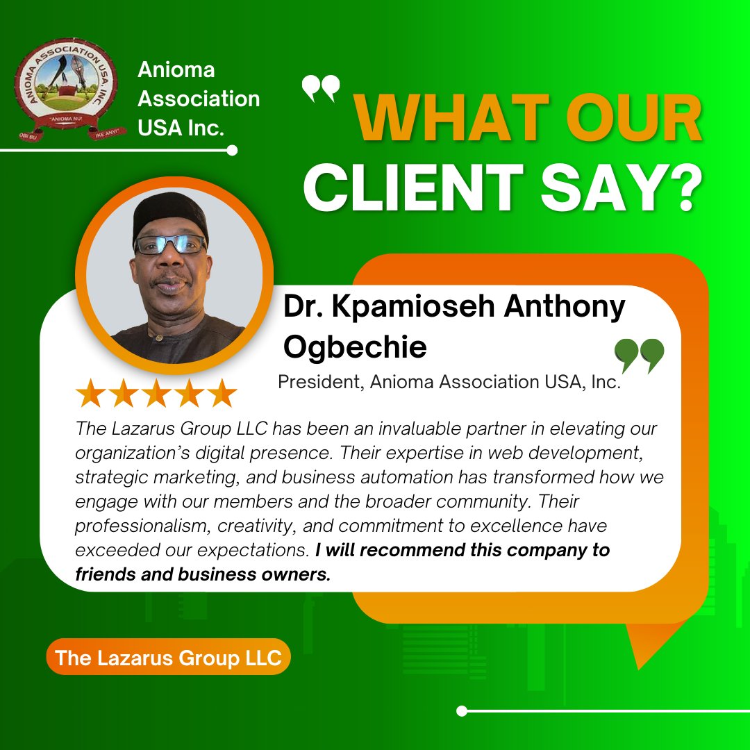 lazarusgroup229's tweet image. 🌟 Client Testimonial Spotlight: Anioma Association USA, Inc. 🌟
📩 Ready to take your organization to the next level? Contact The Lazarus Group LLC today!

🔗 support.thelazarusgroupllc.com/contact

#TheLazarusGroup #DigitalExcellence #AniomaUSA #WebDevelopmentExperts #StrategicMarketing