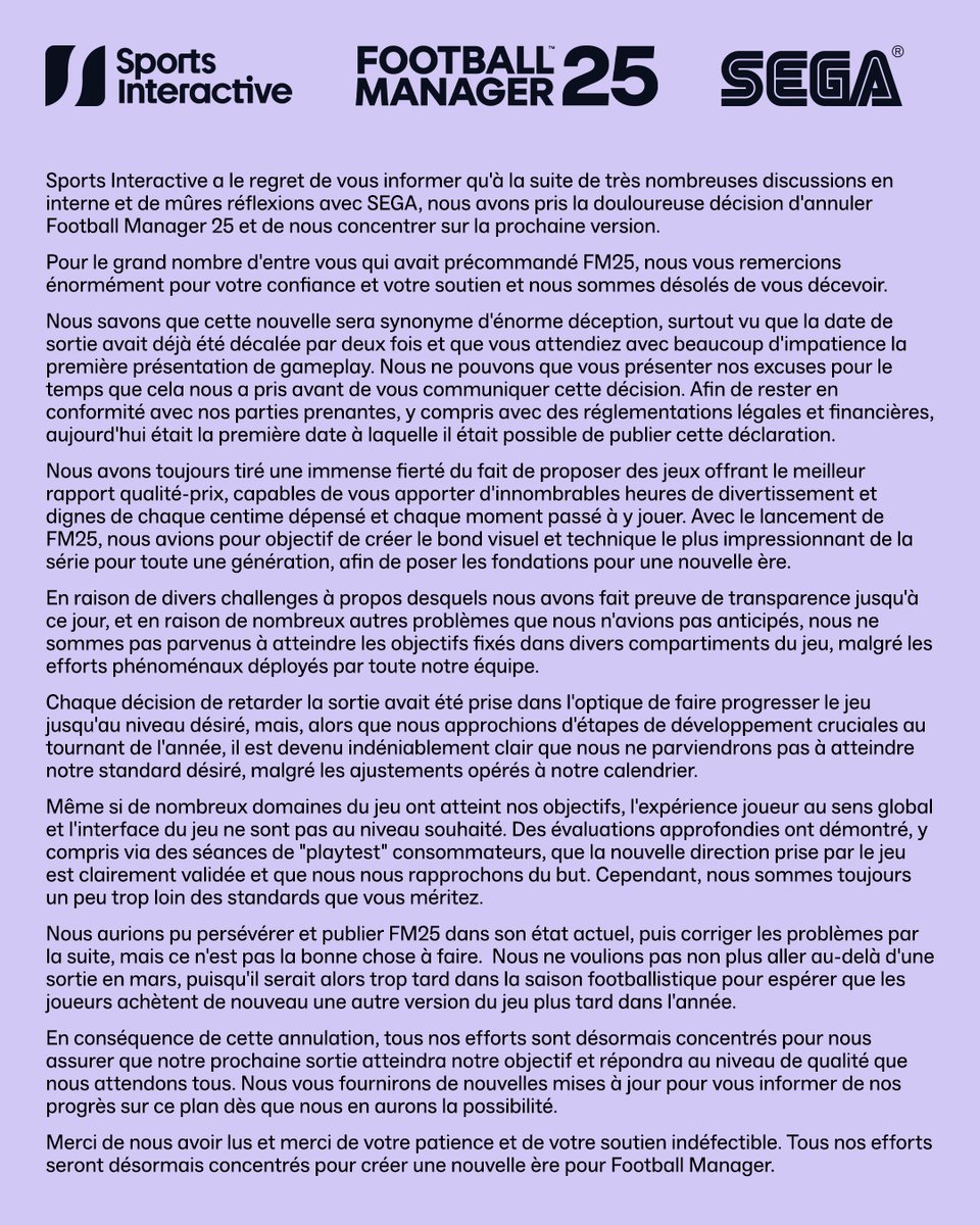 Football Manager FRA (@fmfrance) on Twitter photo Sports Interactive a le regret de vous informer que nous avons pris la douloureuse décision d'annuler Football Manager 25.
Communiqué complet : FM25.info/Communique Sports Interactive a le regret de vous informer que nous avons pris la douloureuse décision d'annuler Football Manager 25.
Communiqué complet : FM25.info/Communique