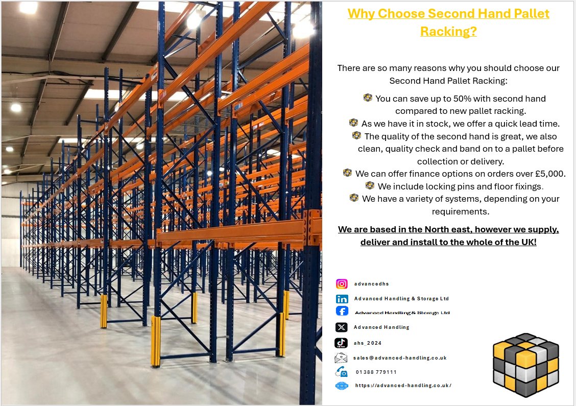 Advancedh's tweet image. Second Hand Pallet racking is perfect for solving your storage problems, it allows you to use the height of your building to give more floor space to work with and keep your space organised and safe 😊 ✨ 
With any order we can supply, deliver and install all across the UK!!