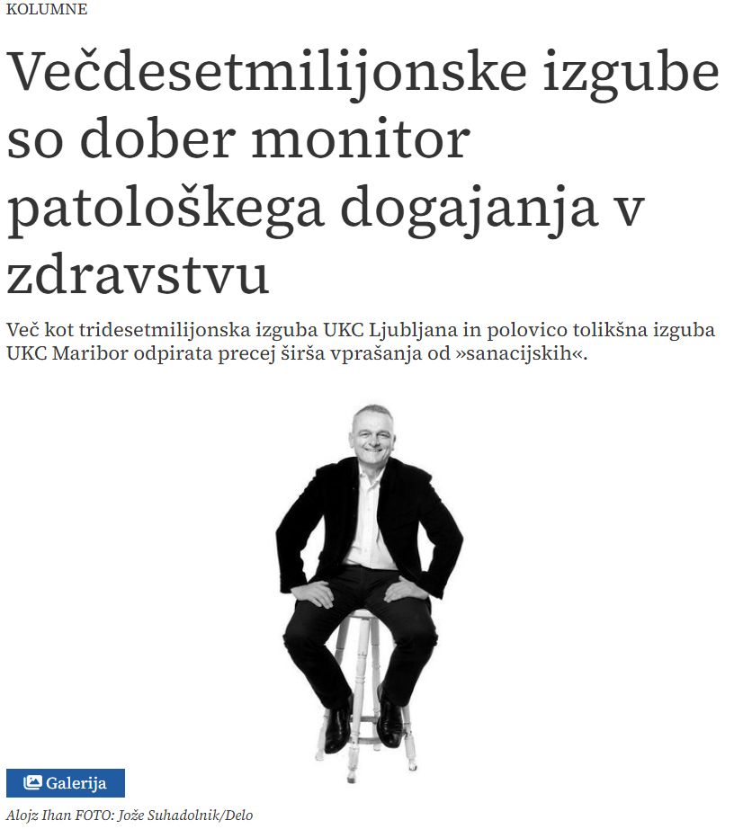ukclj's tweet image. Podatek, da je UKC Ljubljana izvedel za šest milijonov ambulantnih storitev »čez načrt ZZZS«, ki mu jih ta kljub skoraj devetdesetmilijonskemu »presežku« noče poplačati, govori o skrajno škodljivem vplivu ZZZS na delovanje našega zdravstvenega sistema.

Aktualna kolumna Alojza…