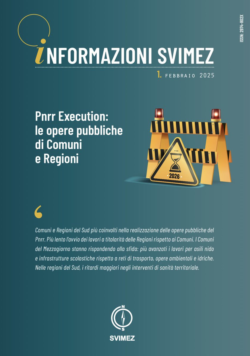 📢 È stato pubblicato il nuovo numero di #InformazioniSvimez, “Pnrr Execution: le opere pubbliche di Comuni e Regioni”: il monitoraggio della #Svimez sullo stato di avanzamento delle opere pubbliche del #Pnrr.

Il Report 👉 lnx.svimez.info/svimez/pnrr-e-…