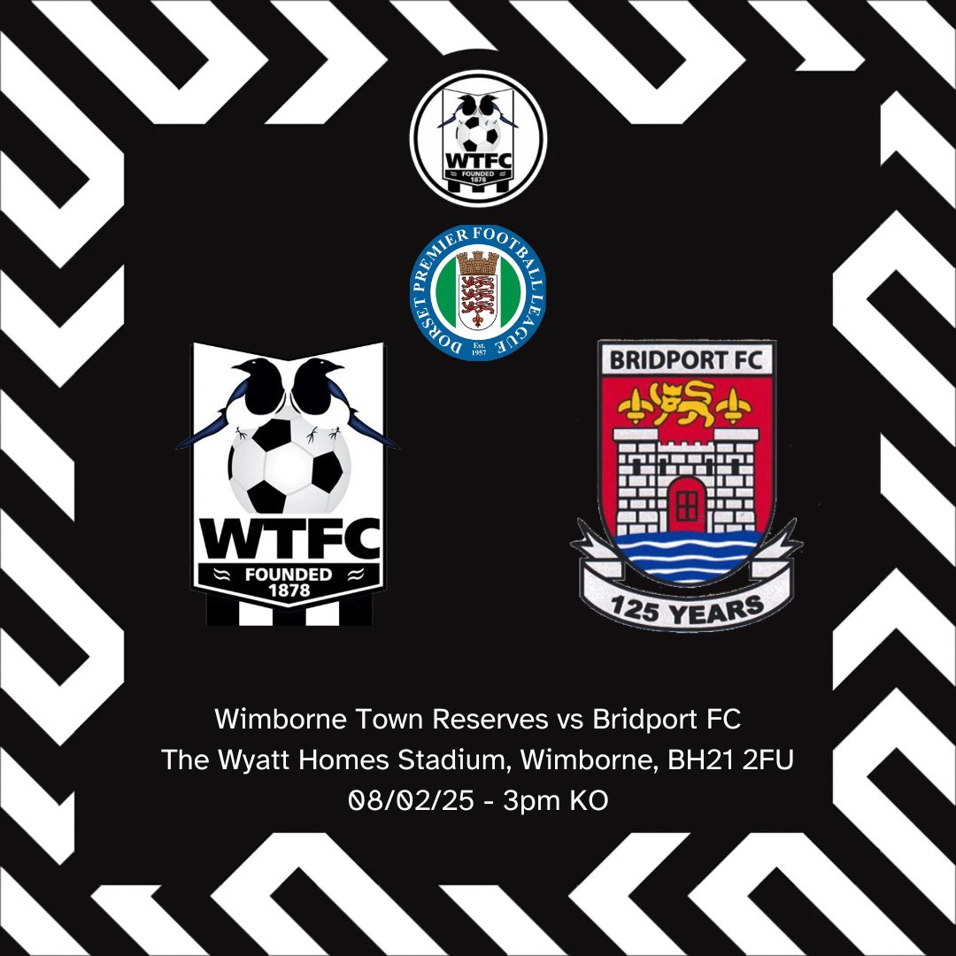 Wimborne Town FC Reserves (@wtfcres1878) on Twitter photo TOMORROW:
We face <a href="/Bridportfc/">Bridport FC</a> at home.
π Bridport FC
β½οΈ <a href="/DPL_official/">Dorset Premier Football League</a>
ποΈ The Wyatt Homes Stadium
πBH21 2FU
ποΈ08.02.2025
β°3pm KO
#upthemagpies π₯§ TOMORROW:
We face <a href="/Bridportfc/">Bridport FC</a> at home.
π Bridport FC
β½οΈ <a href="/DPL_official/">Dorset Premier Football League</a>
ποΈ The Wyatt Homes Stadium
πBH21 2FU
ποΈ08.02.2025
β°3pm KO
#upthemagpies π₯§