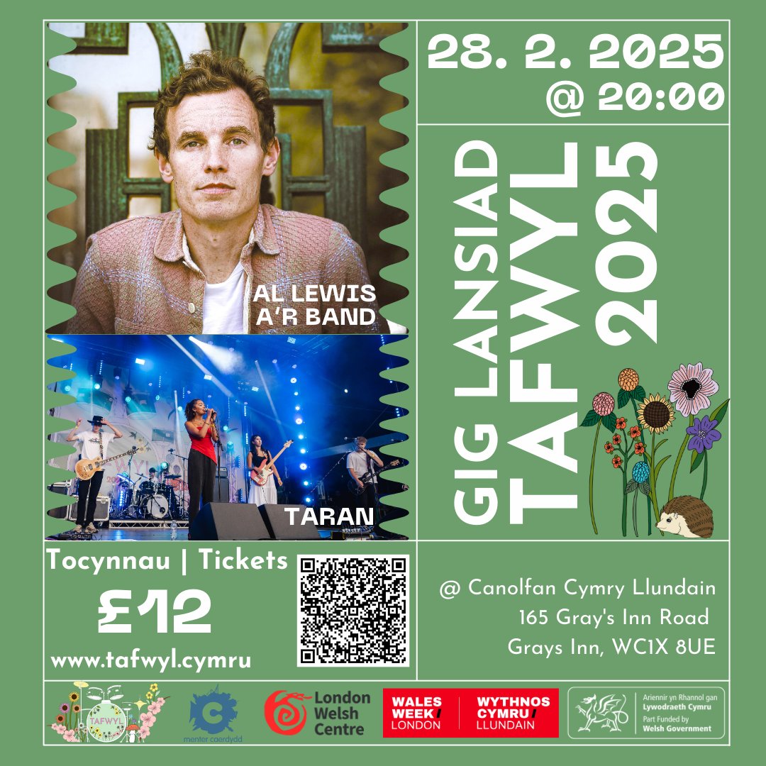GIG Lansiad Tafwyl! 

WHEN? 28.02.25 @ 20:00 WHERE? London Welsh Centre. Who’s playing? Al Lewis &amp; Taran! Come soak up the atmosphere and enjoy live music- the prefect prep for the Summer Festivals!

Tickets/Toccynau @ 👉 londonwelsh.org

#TafwylLaunchGig #LondonWelsh