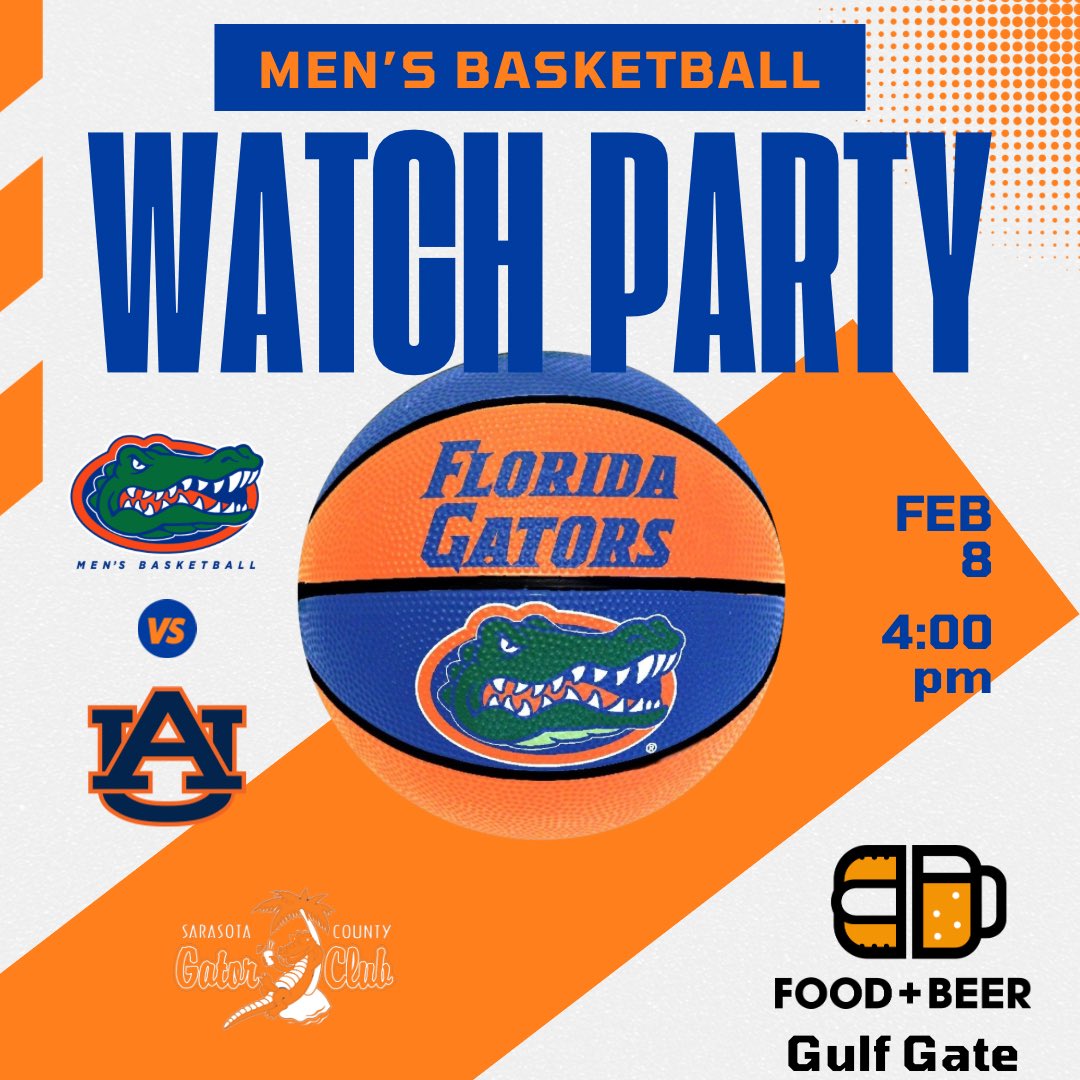 SRQGatorClub's tweet image. Join us tomorrow for our @GatorsMBK watch party at Food+Beer in Gulf Gate at 4:00 pm! Go Gators! #BeatAuburn
