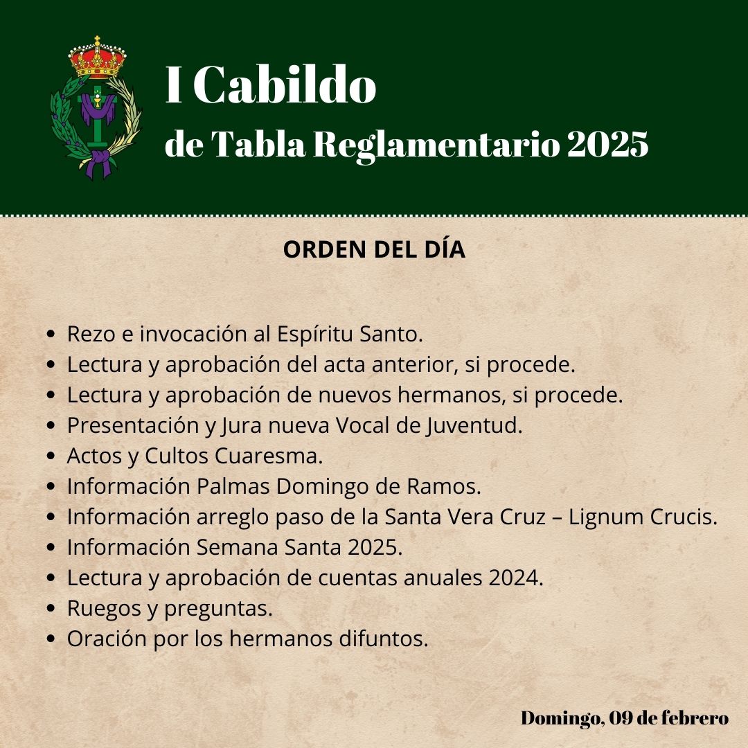 I Cabildo de Tabla Reglamentario

📆 09 de febrero
🏠 Cofradía de la Santa Vera Cruz
🕑11.30h. en 1ª Convocatoria
🕑12.00h. en 2ª Convocatoria

#VeraCruzPalencia #SomosVeraCruz #TomatuCruzySigueme #SoydelaVeraCruz #CabildoVeraCruz