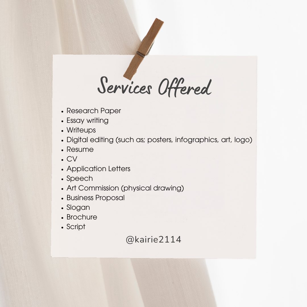 📌 𝗦𝗲𝗿𝘃𝗶𝗰𝗲𝘀 𝗢𝗳𝗳𝗲𝗿𝗲𝗱

Need assistance with your schoolwork? I offer essay writing, research papers, resumes, application letters, and more! Whether you need a well-researched academic paper or a polished resume, I ensure quality, originality, and timely delivery.