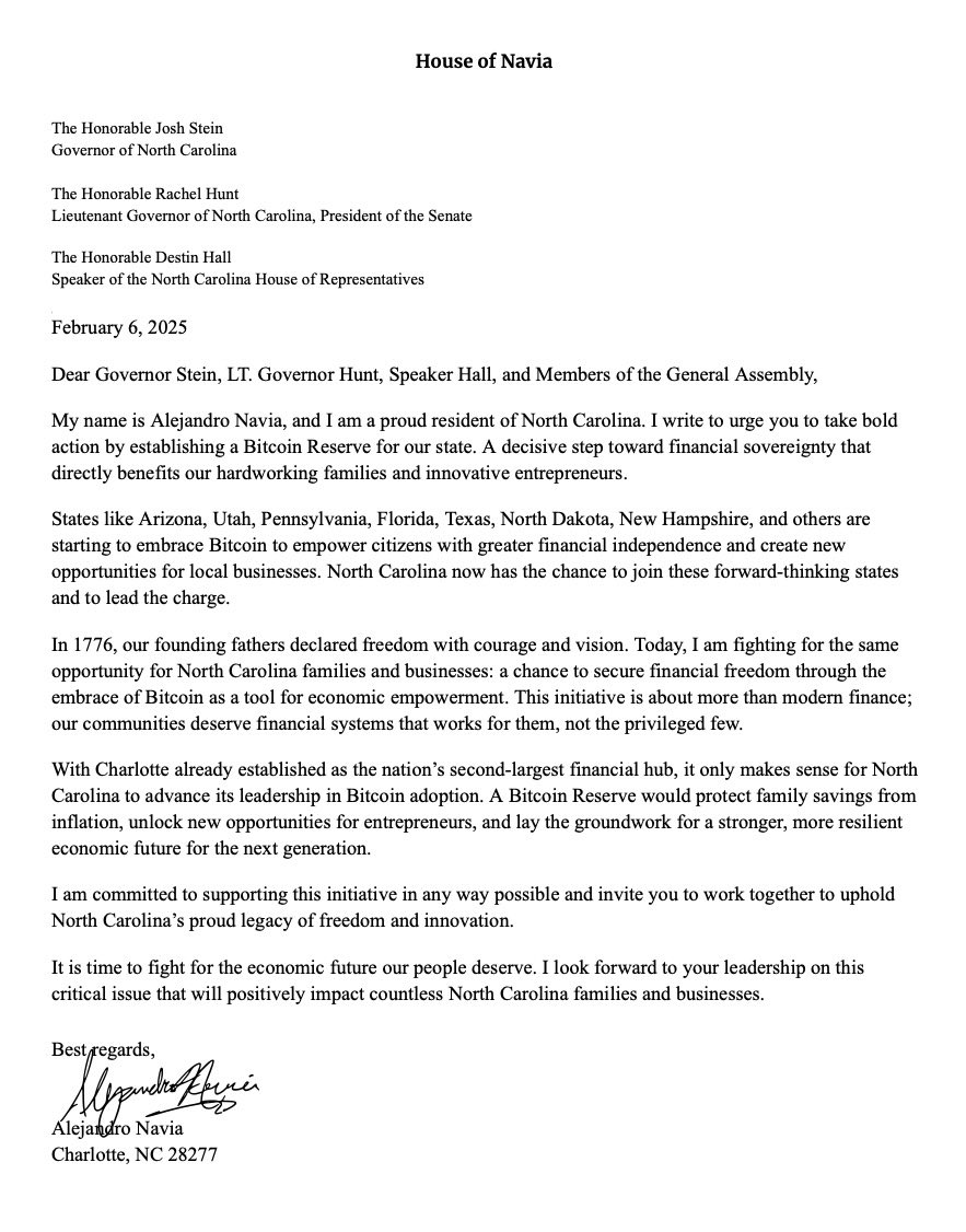 AlejNavia's tweet image. Imagine a North Carolina where your savings are safe, tech jobs are booming, and innovation is everywhere.
In my open letter to @GovernorStein, @ncspeakerhall & @NCLeg I explain how a state Bitcoin reserve will:
✓ Shield your savings from inflation
✓ Create high-paying jobs…