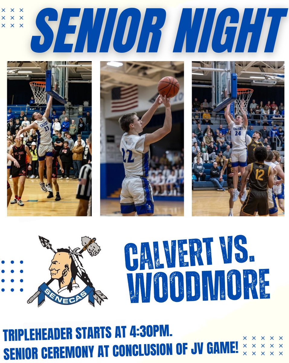 It’s a busy evening on Madison Street! Tripleheader action begins at 4:30 as <a href="/Calvertbball/">Calvert Bball</a> hosts SBC River Division foe, Woodmore.  

Senior Night for our amazing athletes will take place after the JV game. Come out and show your support for the guys! 

🔵⚪️🏀Go Blue!🏀⚪️🔵