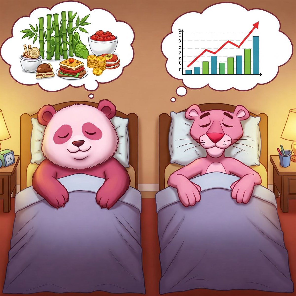 PinkPandaaCoin's tweet photo. **"Even in their dreams, Panther and Panda are chasing their passions. 🐆💭🐼  
The jungle sleeps, but their visions are wide awake. 🌙✨  
#PinkPanda #Crypto #Memecoin #Blockchain"** https://t.co/UXRqK56jMp