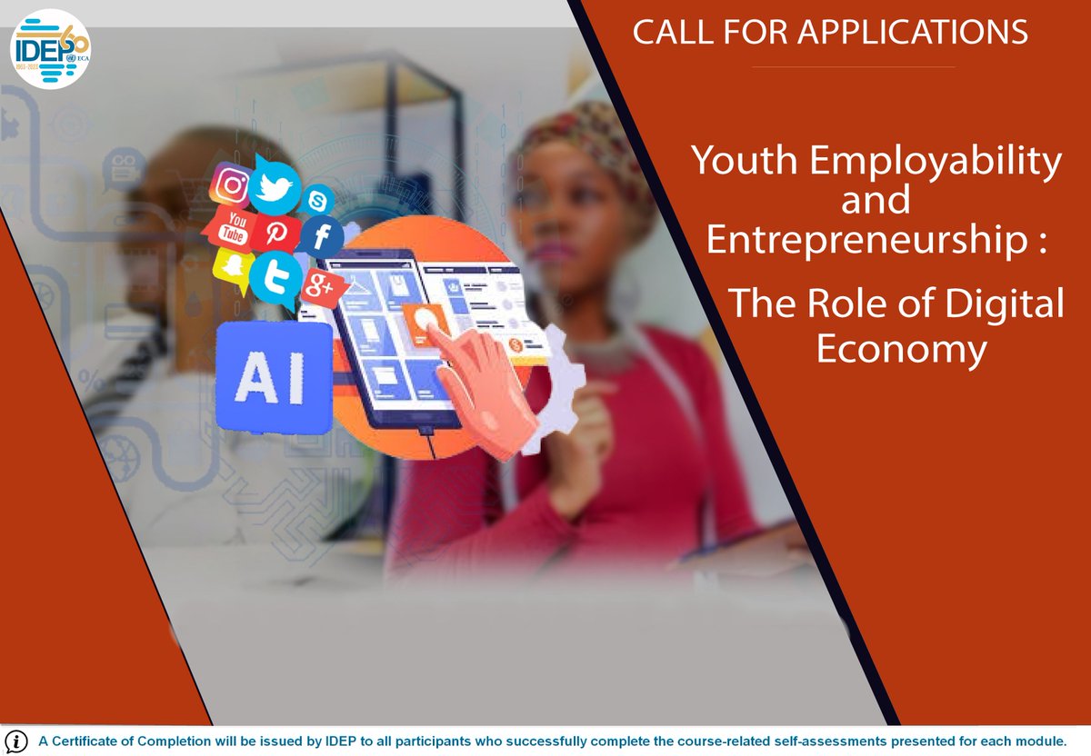 IDEP Africa (@idepofficial) on Twitter photo Online Course
✅YOUTH EMPLOYABILITY AND ENTREPRENEURSHIP : THE ROLE OF DIGITAL ECONOMY
📆Beginning of the course: 24th FEBRUARY
🗣️Language: French & English
💸Cost: Free
📌Register now👉🏿: bit.ly/3Q4z2a2
🔚 Application Deadline: 23 rd FEBRUARY
ℹ️👉🏿 bit.ly/42MJUB0 Online Course
✅YOUTH EMPLOYABILITY AND ENTREPRENEURSHIP : THE ROLE OF DIGITAL ECONOMY
📆Beginning of the course: 24th FEBRUARY
🗣️Language: French & English
💸Cost: Free
📌Register now👉🏿: bit.ly/3Q4z2a2
🔚 Application Deadline: 23 rd FEBRUARY
ℹ️👉🏿 bit.ly/42MJUB0