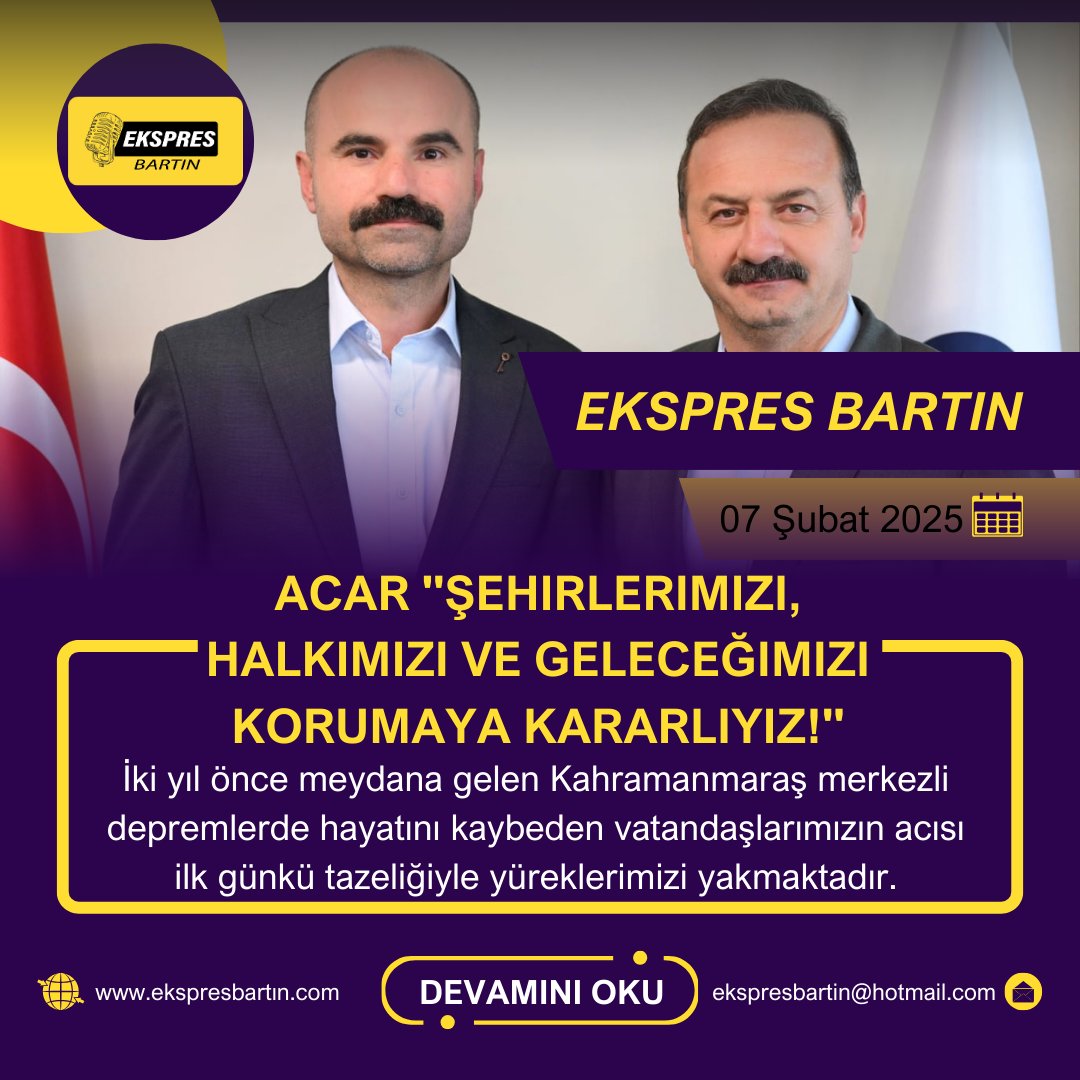 ekspresbartin's tweet photo. A Parti Bartın İl Başkanı Abidin Acar "Şehirlerimizi, Halkımızı ve Geleceğimizi Korumaya Kararlıyız!"

İki yıl önce meydana gelen Kahramanmaraş merkezli depremlerde hayatını kaybeden vatandaşlarımızın acısı ilk günkü tazeliğiyle yüreklerimizi yakmaktadır. https://t.co/ysEmxopkOv