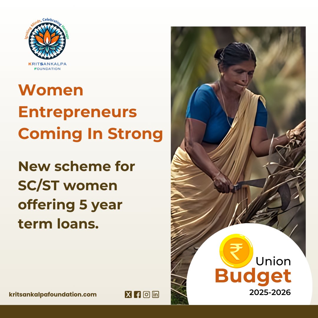 Empowering Women Entrepreneurs! 

 A new scheme under the Union Budget 2025-2026 offers 5-year term loans to SC/ST women to fuel their entrepreneurial dreams.  
. 
.  
#TataTrusts #womensupportingwomen #reliancefoundation #kritsankalpafoundation #kritsankalpa #UnionBudget2025