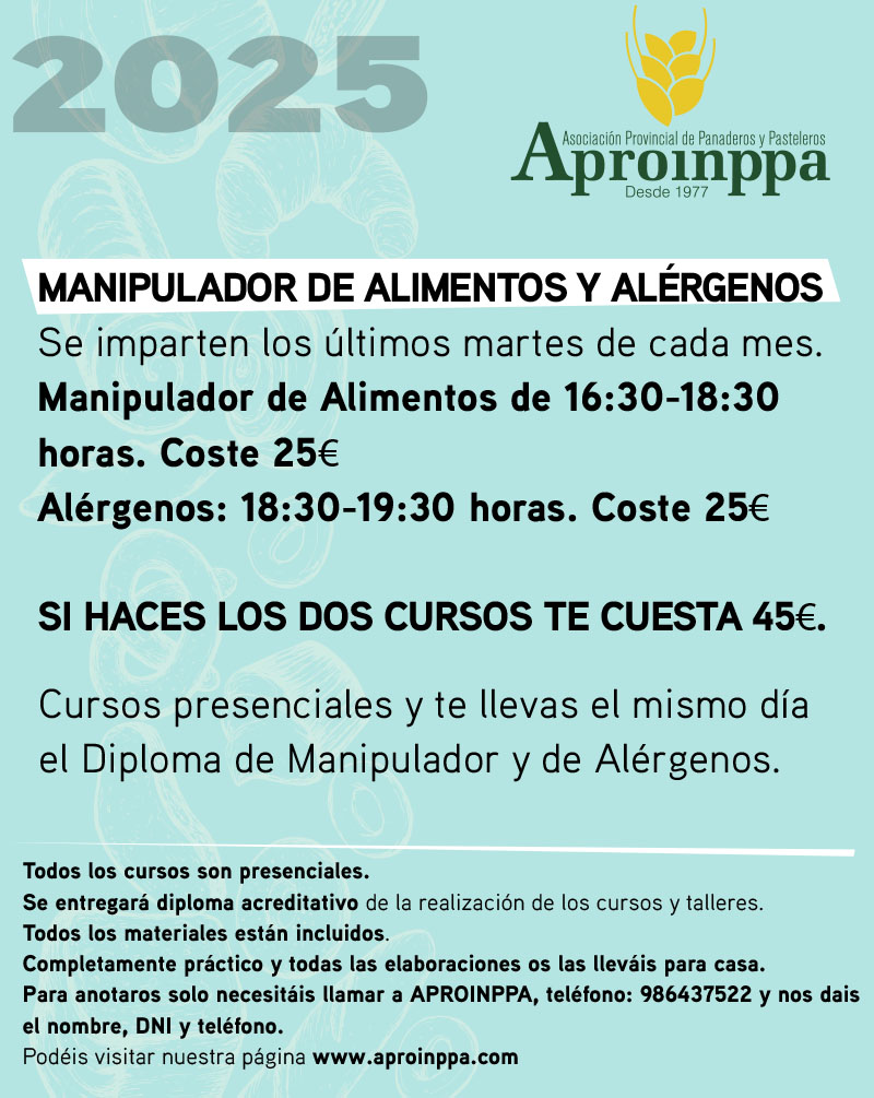 Ya están disponibles las parrillas de los cursos y talleres de los meses de febrero-abril de 2025, y también de los cursos de manipulador de alimentos de Aproinppa. No te los puedes perder!!!