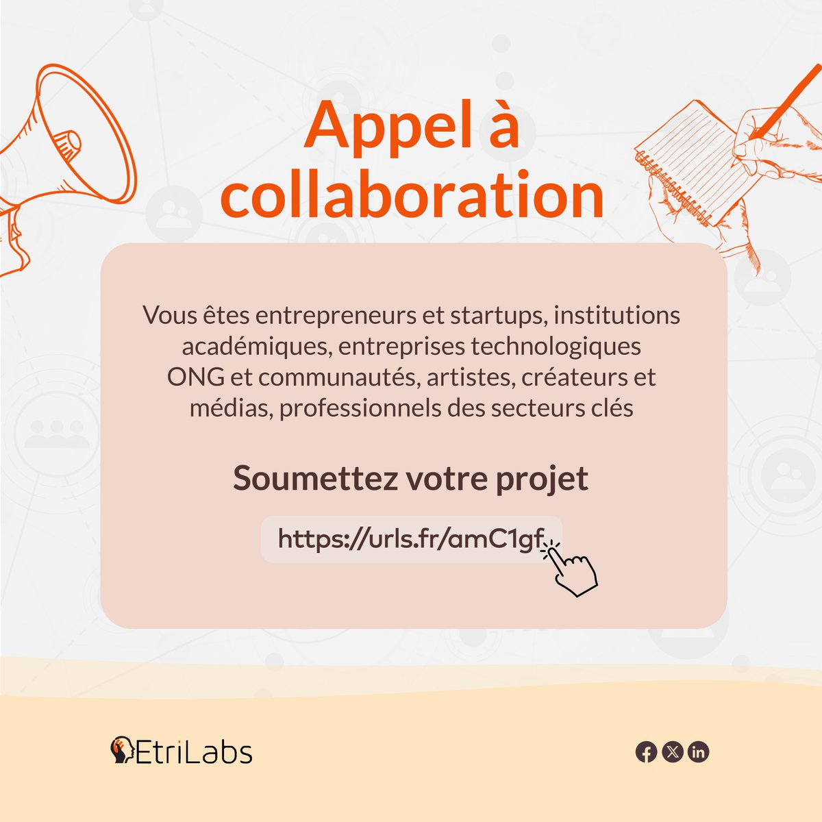 Vous avez une idée innovante et souhaitez la concrétiser à plus grande échelle ? 
<a href="/EtriLabs/">Etri Labs</a> vous propose de co-organiser des événements à fort impact dans les domaines de l’innovation, de l’entrepreneuriat, de l’éducation et des technologies. 
📌Soumettez👉bit.ly/appel-à-collab…