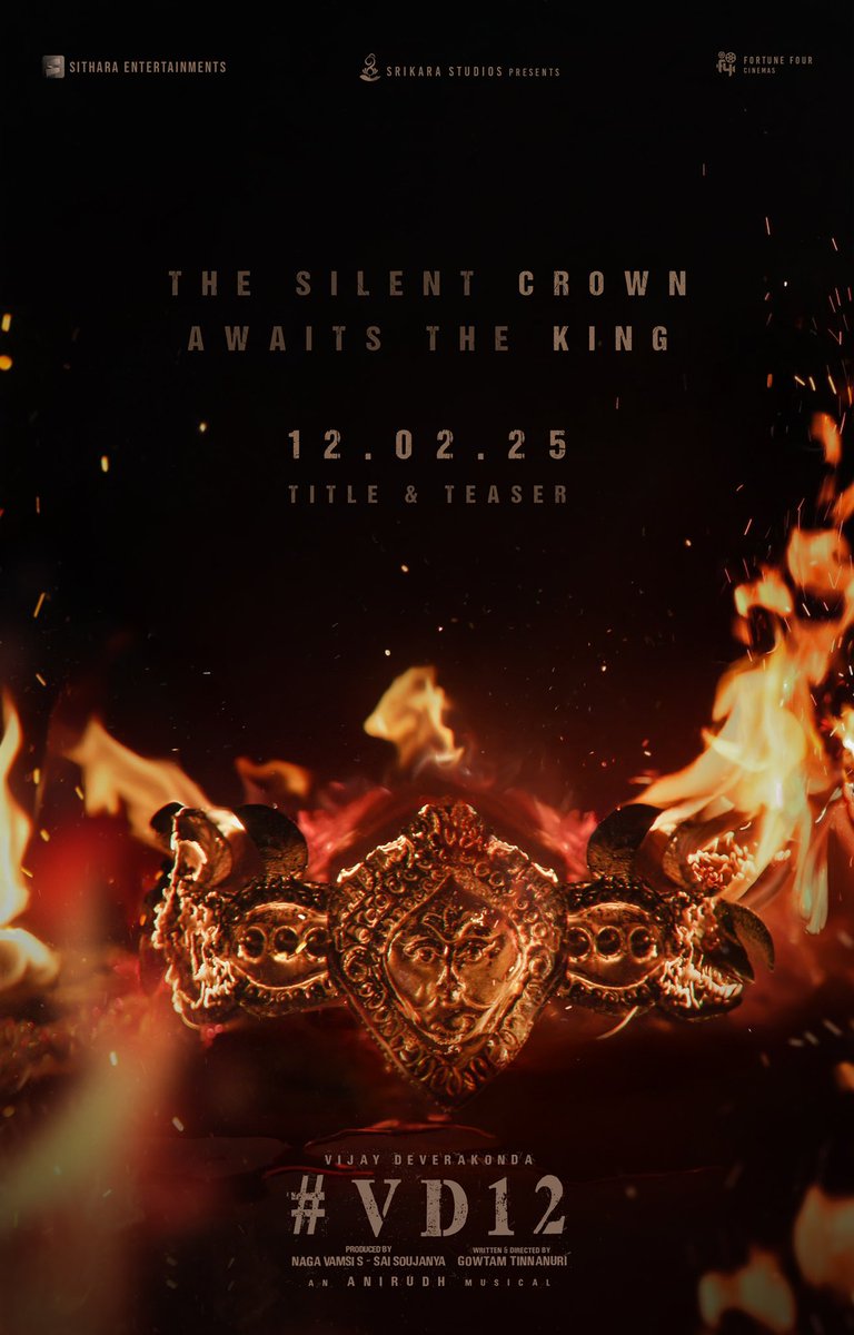 SitharaEnts's tweet photo. The silent CROWN
Awaits the KING ❤️‍🔥

#VD12 TITLE &amp; TEASER - 12th February 💥💥

@TheDeverakonda @anirudhofficial @gowtam19 @dopjomon #GirishGangadharan @vamsi84 #SaiSoujanya @NavinNooli @artkolla @SitharaEnts @Fortune4Cinemas #SrikaraStudios https://t.co/RP8H7YFlMt