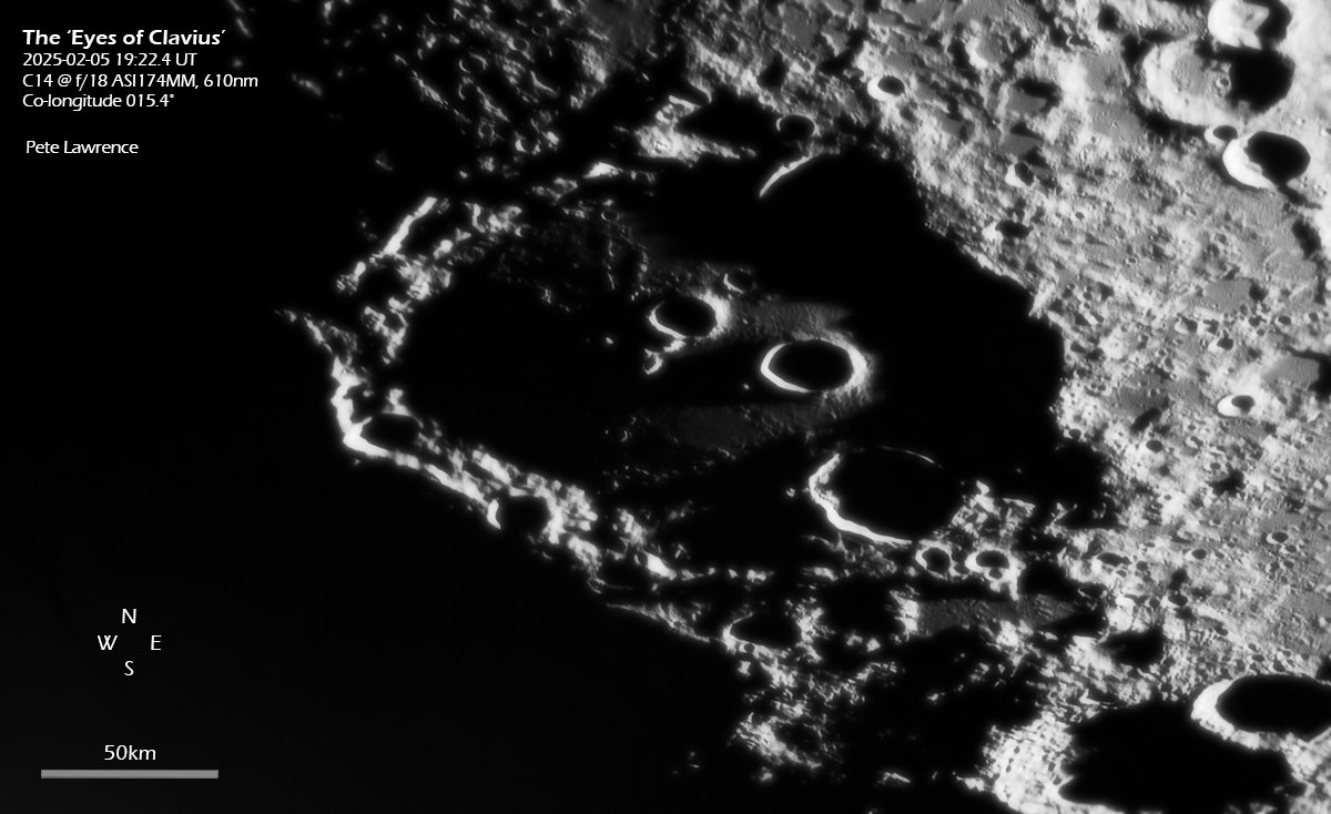 Another clair-obscur effect from last night, the 'Eyes of Clavius'. This happens then the lunar dawn hits the rim edges of 21km Clavius C and 28km Clavius D, both craters located inside the walled plain of 225km Clavius.