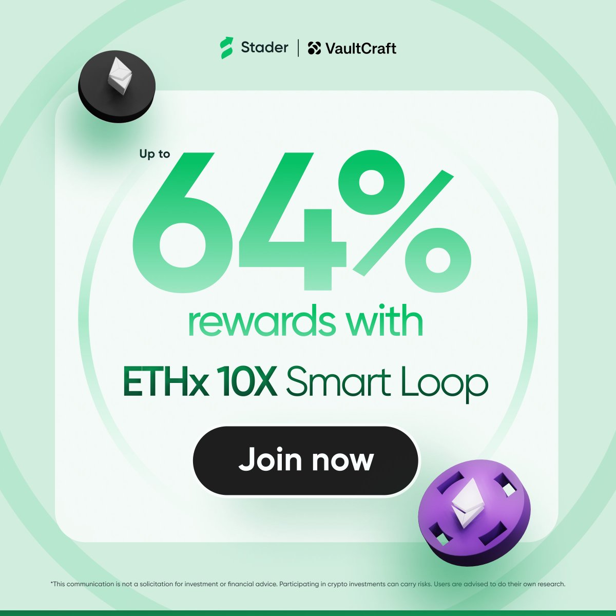 Stader Ethereum (@staderlabs_eth) on Twitter photo Here’s your latest DeFi alpha: $ETHx 10X Smart Loop
Built by Stader x <a href="/VaultCraft_io/">VaultCraft</a>, this vault delivers:
• Up to 64% rewards on $ETHx
• Smart looper technology
• Multiple security audits
Maximize your ETH strategy—mint $ETHx and get started.
🔗staderlabs.com/eth/defi Here’s your latest DeFi alpha: $ETHx 10X Smart Loop
Built by Stader x <a href="/VaultCraft_io/">VaultCraft</a>, this vault delivers:
• Up to 64% rewards on $ETHx
• Smart looper technology
• Multiple security audits
Maximize your ETH strategy—mint $ETHx and get started.
🔗staderlabs.com/eth/defi