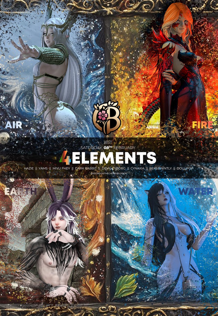 The Cherry Blossom | ELEMENTS - Saturday 8th March, from 19ST (Garden Party at 18ST) | Chaos | Cerberus | Lavender Beds | Ward 16 | Plot 6 | partake.gg/events/46137
#ffxivnightlife #ffxivvenues #ffxivclubbing