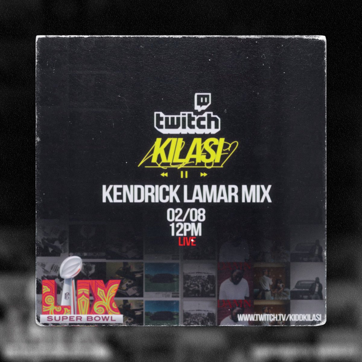 We going live! Get ready for <a href="/kendricklamar/">Kendrick Lamar</a> halftime performance with my set on <a href="/Twitch/">Twitch</a> . This Saturday at 12PM, deep cuts and all 🔥 

twitch.tv/kiddkilasi