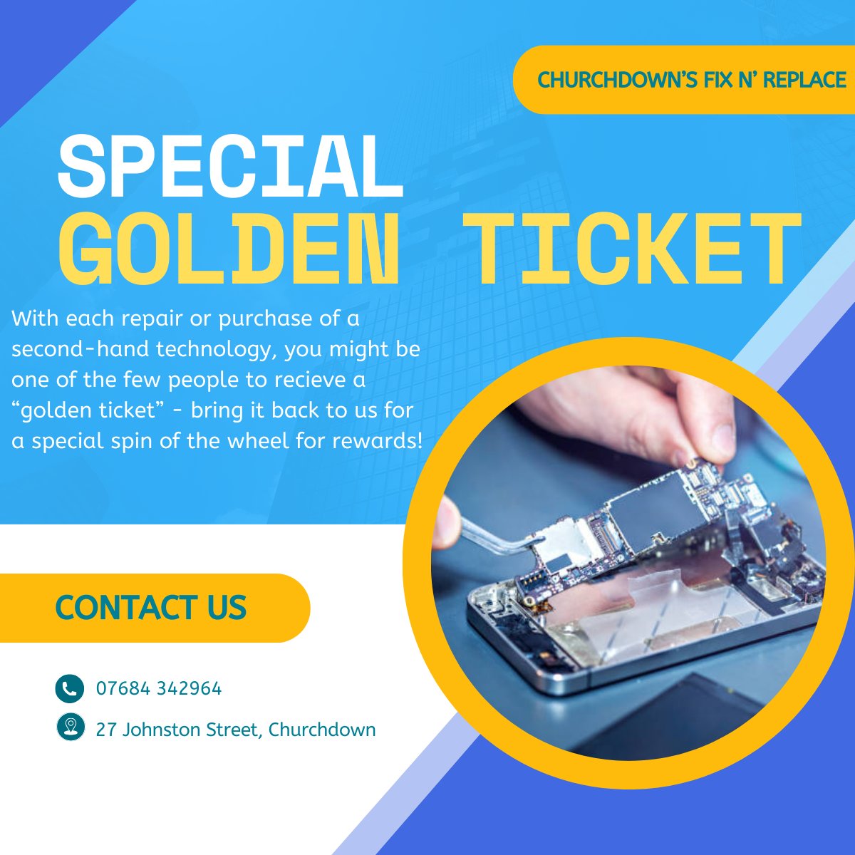 churchdownfix_'s tweet photo. FRIDAY SPECIAL
Just like last week, if you receive a special golden ticket inside your device repair box or any technology box you buy, bring it to us to have a chance at winning a special prize from the wheel! #prize #goldenticket #phonerepair #xboxrepair #playstationrepair https://t.co/1PXWQLBBTj